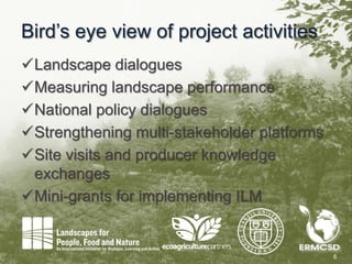 Bird’s eye view of project activities
6
Landscape dialogues
Measuring landscape performance
National policy dialogues
Strengthening multi-stakeholder platforms
Site visits and producer knowledge
exchanges
Mini-grants for implementing ILM
 