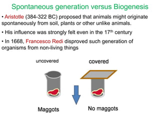 Spontaneous generation versus Biogenesis
• Aristotle (384-322 BC) proposed that animals might originate
spontaneously from soil, plants or other unlike animals.
• His influence was strongly felt even in the 17th century
• In 1668, Francesco Redi disproved such generation of
organisms from non-living things
 