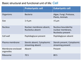 Prokariyotic cell Eukariyotic cell
Organisms Bacteria Algae, Fungi, Protozoa,
Plants, Animals
Size 1-4 µm >5 µm
Nucleus Nuclear membrane absent,
Nucleolus absent
Nucleus bounded by
nuclear membrane,
Nucleolus present
Cell wall Peptidoglycan present Peptidoglycan absent
Plasma membrane Sterols absent, Cytoplasmic
streaming absent
Sterols present, Cytoplasmic
streaming present
Membrane-enclosed
organelles
Absent Present
Ribosome 70 S 80 S
Basic structural and functional unit of life: Cell
 