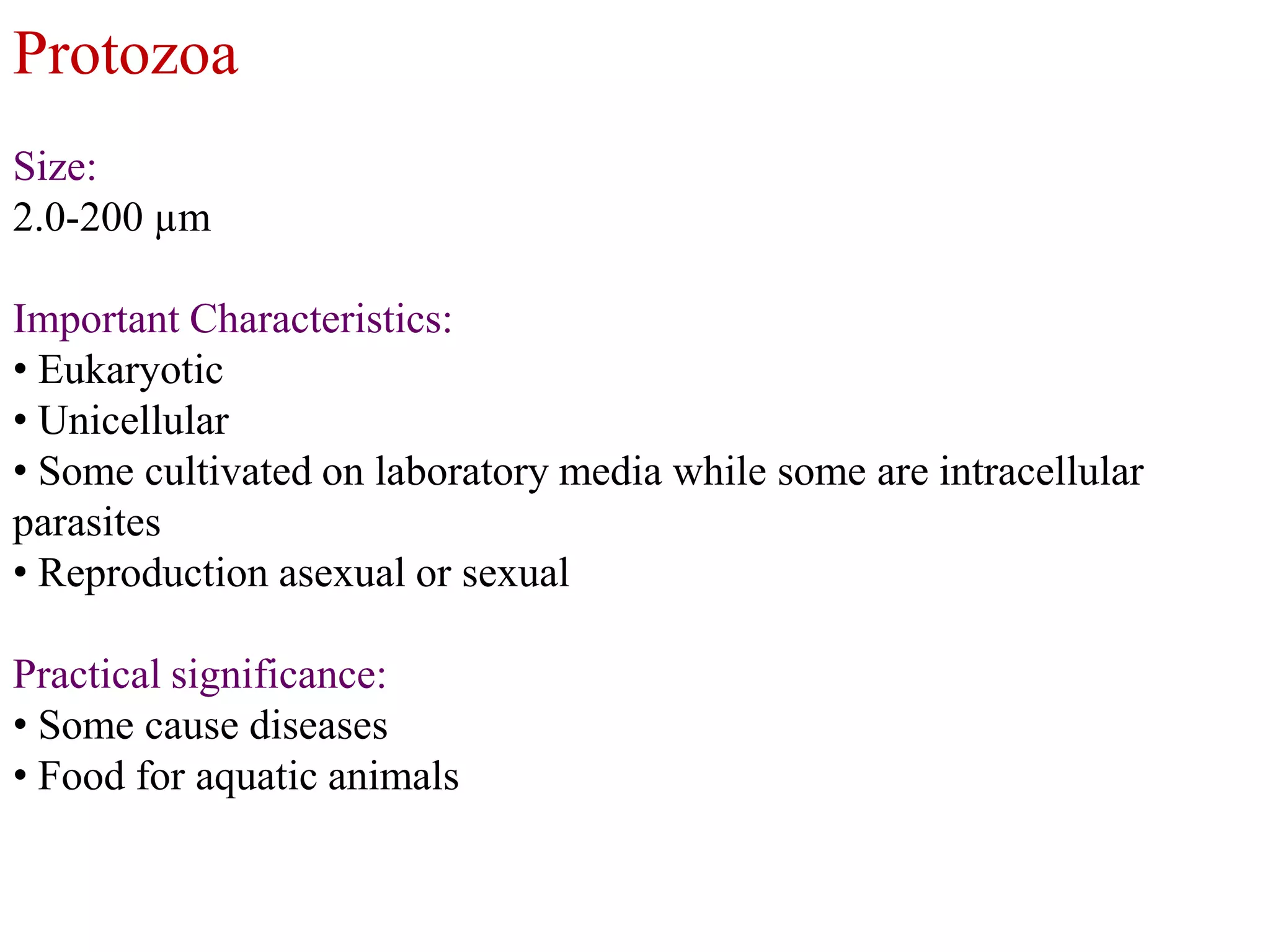 Protozoa
Size:
2.0-200 µm
Important Characteristics:
• Eukaryotic
• Unicellular
• Some cultivated on laboratory media while some are intracellular
parasites
• Reproduction asexual or sexual

Practical significance:
• Some cause diseases
• Food for aquatic animals

 