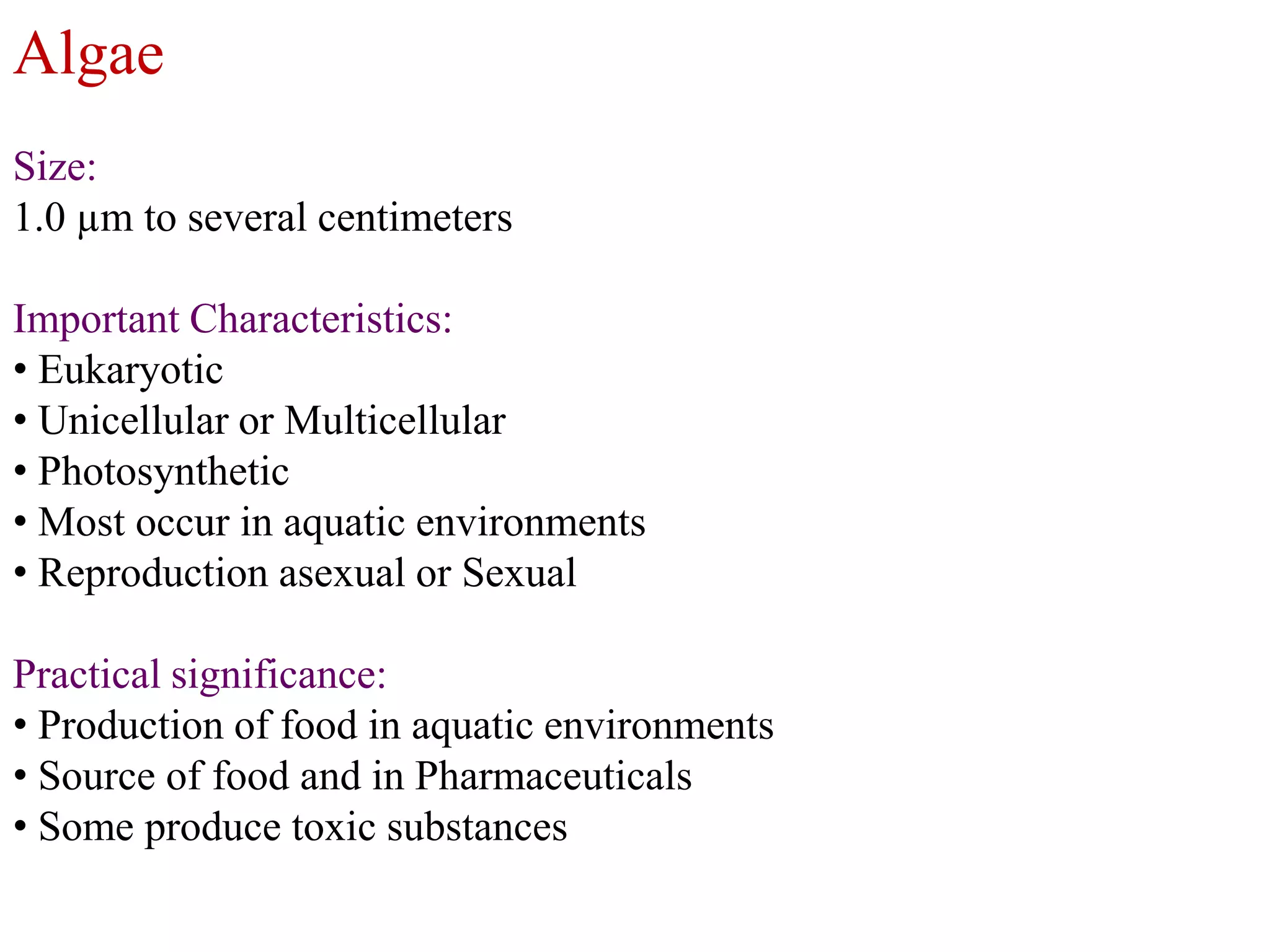 Algae
Size:
1.0 µm to several centimeters
Important Characteristics:
• Eukaryotic
• Unicellular or Multicellular
• Photosynthetic
• Most occur in aquatic environments
• Reproduction asexual or Sexual

Practical significance:
• Production of food in aquatic environments
• Source of food and in Pharmaceuticals
• Some produce toxic substances

 