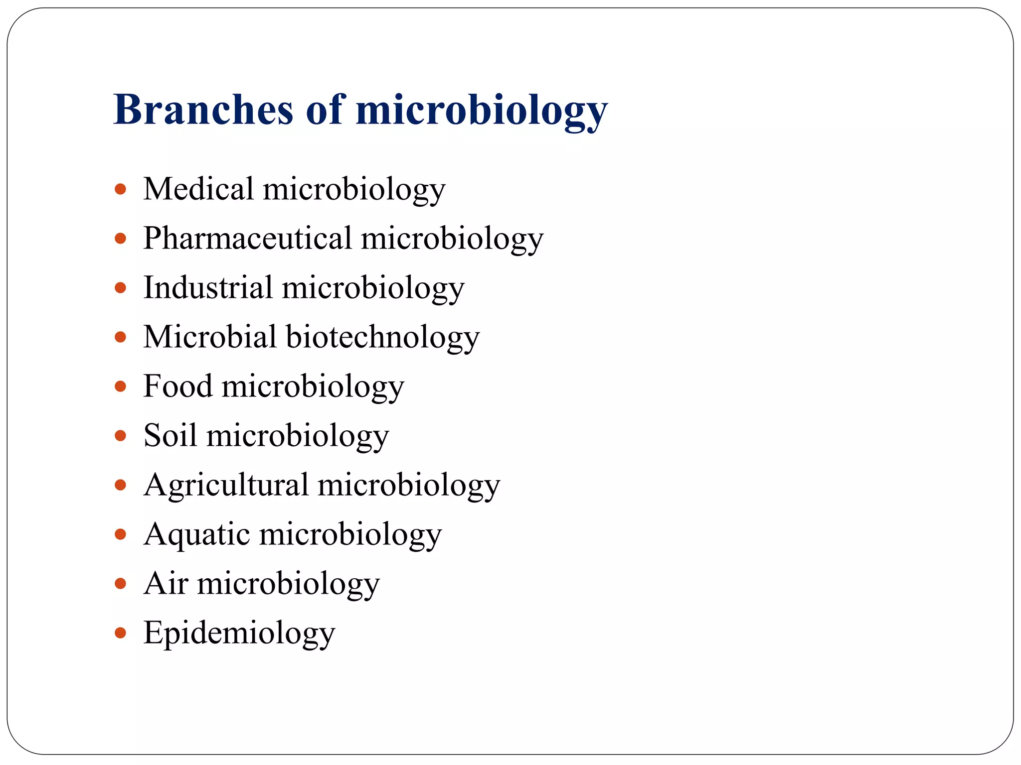 Branches of microbiology
 Medical microbiology
 Pharmaceutical microbiology
 Industrial microbiology
 Microbial biotechnology
 Food microbiology
 Soil microbiology
 Agricultural microbiology
 Aquatic microbiology
 Air microbiology
 Epidemiology
 