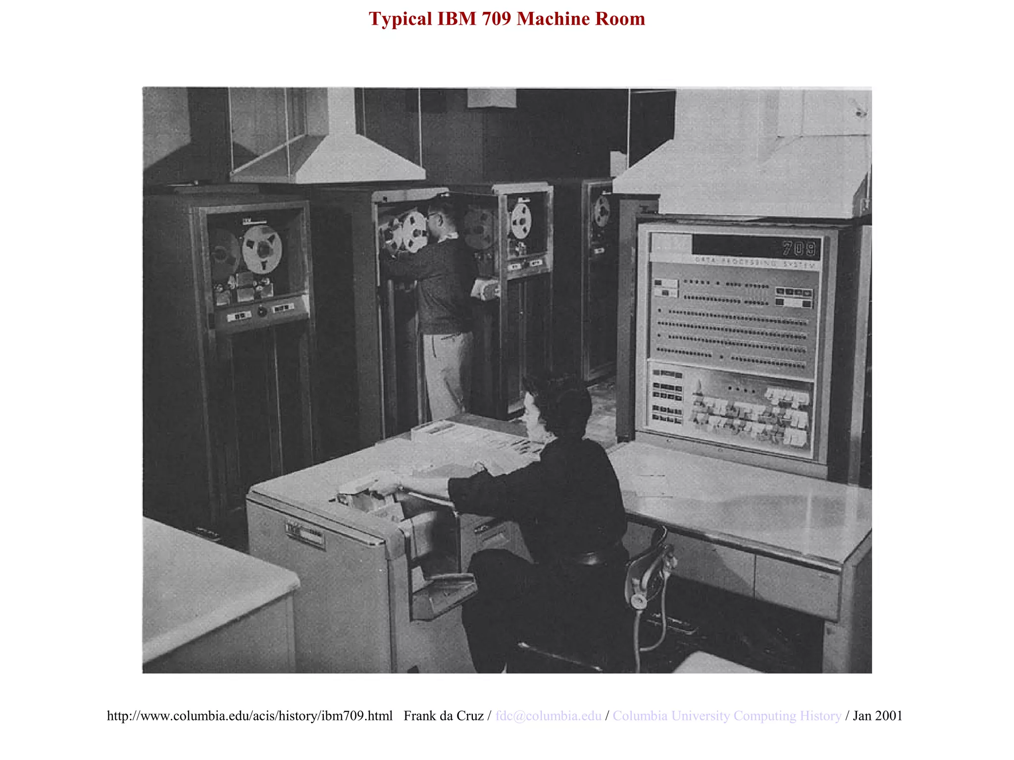 http://www.columbia.edu/acis/history/ibm709.html Frank da Cruz / fdc@columbia.edu / Columbia University Computing History / Jan 2001
Typical IBM 709 Machine Room
 