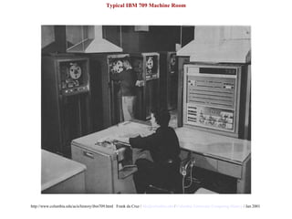 http://www.columbia.edu/acis/history/ibm709.html Frank da Cruz / fdc@columbia.edu / Columbia University Computing History / Jan 2001
Typical IBM 709 Machine Room
 