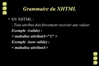 Grammaire du XHTML EN XHTML : - Tout attribut doit forcement recevoir une valeur.  Exemple  (valide) : <  mabalise   attribut1="1"  >   Exemple  (non valide) : <  mabalise   attribut1 >  