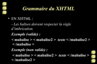 Grammaire du XHTML EN XHTML : -  Les balises doivent respecter la règle d’imbrication. Exemple (valide) : <  mabalise  > <  mabalise2  >  texte <  /mabalise2  >  <  /mabalise  > Exemple (non valide) :   <  mabalise  > <  mabalise2  >  texte <  /mabalise  >  <  /mabalise2  > 