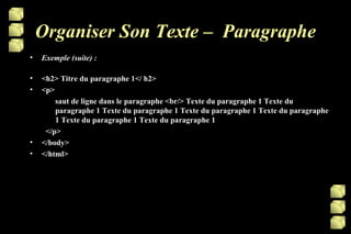 Organiser Son Texte –  Paragraphe Exemple (suite) : <h2> Titre du paragraphe 1</ h2> <p>  saut de ligne dans le paragraphe <br/> Texte du paragraphe 1 Texte du paragraphe 1 Texte du paragraphe 1 Texte du paragraphe 1 Texte du paragraphe 1 Texte du paragraphe 1 Texte du paragraphe 1 </p> </body> </html> 