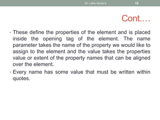 Cont.…
• These define the properties of the element and is placed
inside the opening tag of the element. The name
parameter takes the name of the property we would like to
assign to the element and the value takes the properties
value or extent of the property names that can be aligned
over the element.
• Every name has some value that must be written within
quotes.
Dr. Lothe Savita A. 15
 