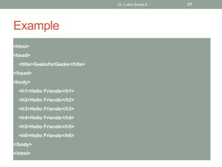 Example
<html>
<head>
<title>GeeksforGeeks</title>
</head>
<body>
<h1>Hello Friends</h1>
<h2>Hello Friends</h2>
<h3>Hello Friends</h3>
<h4>Hello Friends</h4>
<h5>Hello Friends</h5>
<h6>Hello Friends</h6>
</body>
</html>
Dr. Lothe Savita A. 17
 