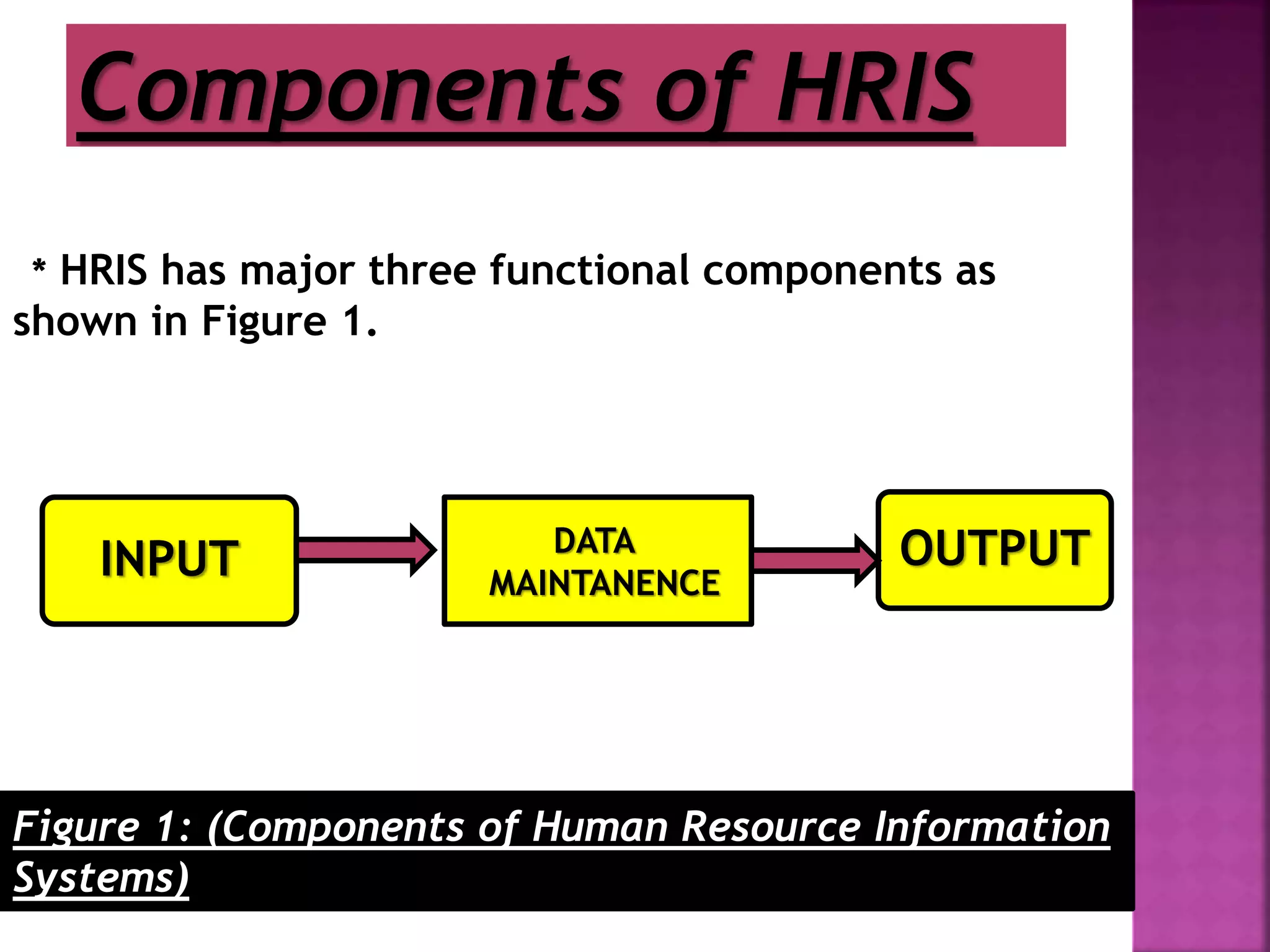 * HRIS has major three functional components as
shown in Figure 1.
INPUT DATA
MAINTANENCE
OUTPUT
Components of HRIS
Figure 1: (Components of Human Resource Information
Systems)
 
