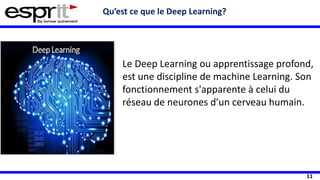 11
Le Deep Learning ou apprentissage profond,
est une discipline de machine Learning. Son
fonctionnement s'apparente à celui du
réseau de neurones d’un cerveau humain.
Qu’est ce que le Deep Learning?
 