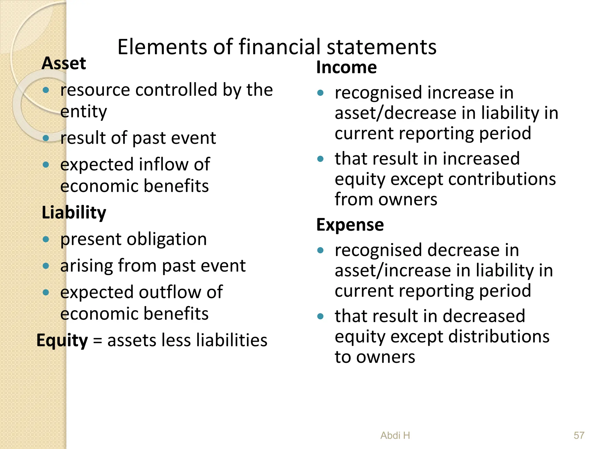 Elements of financial statements
Asset
 resource controlled by the
entity
 result of past event
 expected inflow of
economic benefits
Liability
 present obligation
 arising from past event
 expected outflow of
economic benefits
Equity = assets less liabilities
Income
 recognised increase in
asset/decrease in liability in
current reporting period
 that result in increased
equity except contributions
from owners
Expense
 recognised decrease in
asset/increase in liability in
current reporting period
 that result in decreased
equity except distributions
to owners
57
Abdi H
 