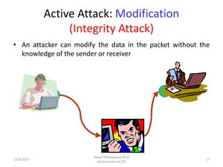 Active Attack: Modification
(Integrity Attack)
• An attacker can modify the data in the packet without the
knowledge of the sender or receiver
12/8/2017 17
Hitesh Mohapatra,Ph.D
Introduction to IDS
 