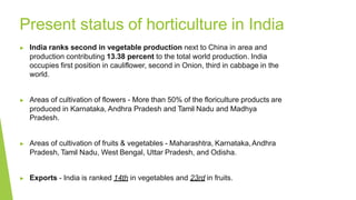 ▶ India ranks second in vegetable production next to China in area and
production contributing 13.38 percent to the total world production. India
occupies first position in cauliflower, second in Onion, third in cabbage in the
world.
▶ Areas of cultivation of flowers - More than 50% of the floriculture products are
produced in Karnataka, Andhra Pradesh and Tamil Nadu and Madhya
Pradesh.
▶ Areas of cultivation of fruits & vegetables - Maharashtra, Karnataka,Andhra
Pradesh, Tamil Nadu, West Bengal, Uttar Pradesh, and Odisha.
▶ Exports - India is ranked 14th in vegetables and 23rd in fruits.
Present status of horticulture in India
 