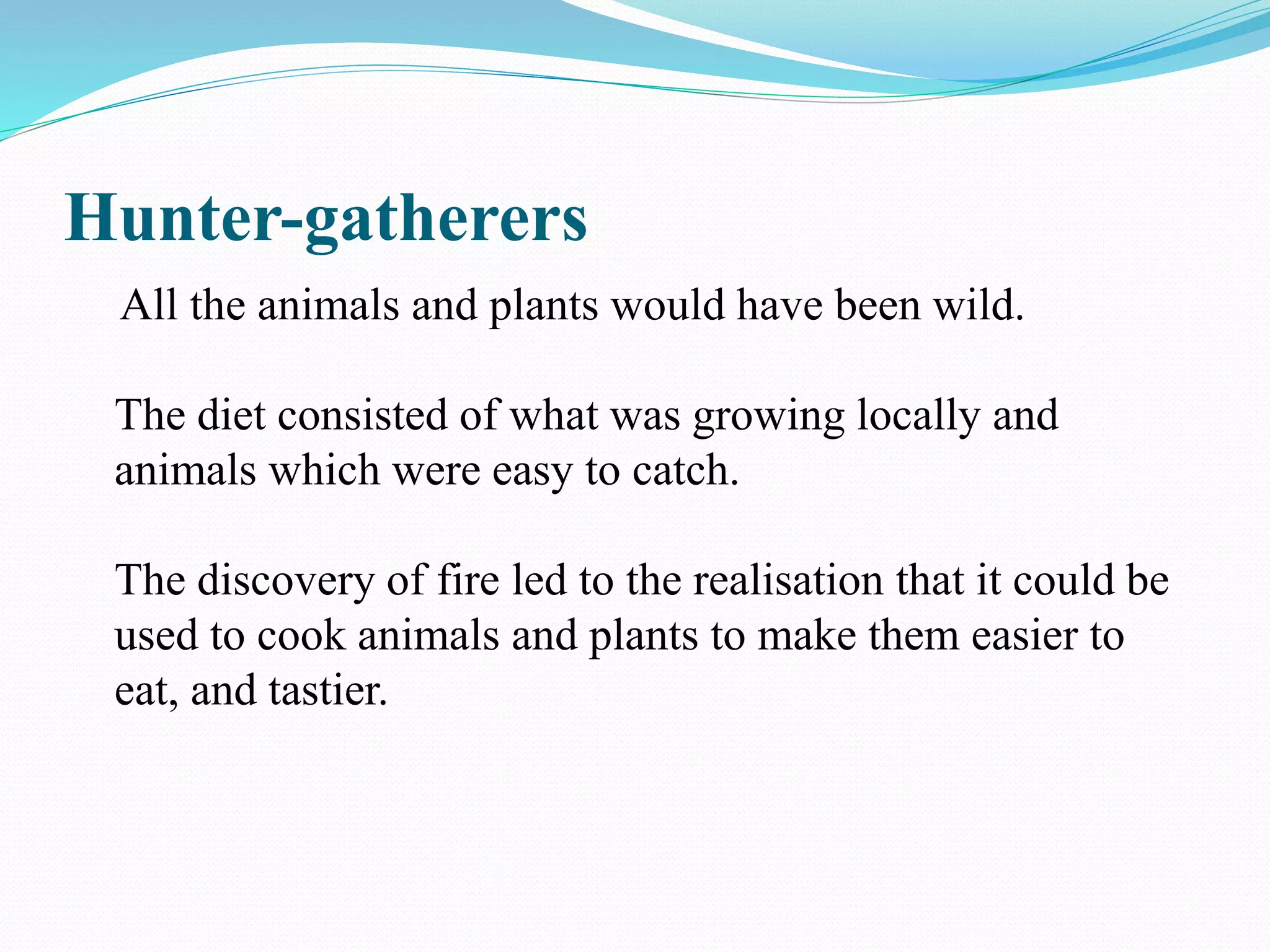 Hunter-gatherers
All the animals and plants would have been wild.
The diet consisted of what was growing locally and
animals which were easy to catch.
The discovery of fire led to the realisation that it could be
used to cook animals and plants to make them easier to
eat, and tastier.
 