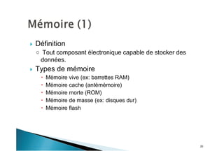 20
Définition
Tout composant électronique capable de stocker des
données.
Types de mémoire
Mémoire vive (ex: barrettes RAM)
Mémoire cache (antémémoire)
Mémoire morte (ROM)
Mémoire de masse (ex: disques dur)
Mémoire flash
 