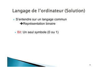 32
S’entendre sur un langage commun
Représentation binaire
Bit: Un seul symbole (0 ou 1)
 