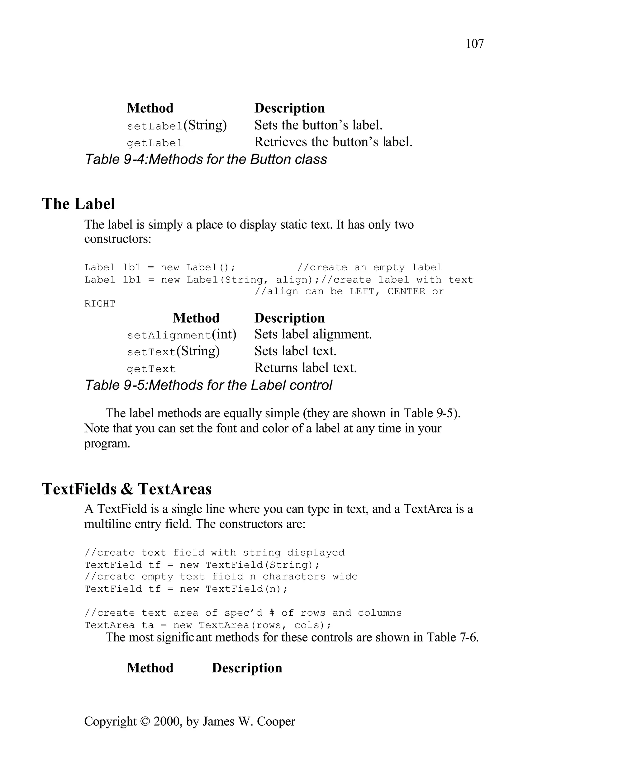 107 Method Description setLabel(String) Sets the button’s label. getLabel Retrieves the button’s label. Table 9-4:Methods for the Button class The Label The label is simply a place to display static text. It has only two constructors: Label lb1 = new Label(); //create an empty label Label lb1 = new Label(String, align);//create label with text //align can be LEFT, CENTER or RIGHT Method Description setAlignment(int) Sets label alignment. setText(String) Sets label text. getText Returns label text. Table 9-5:Methods for the Label control The label methods are equally simple (they are shown in Table 9-5). Note that you can set the font and color of a label at any time in your program. TextFields & TextAreas A TextField is a single line where you can type in text, and a TextArea is a multiline entry field. The constructors are: //create text field with string displayed TextField tf = new TextField(String); //create empty text field n characters wide TextField tf = new TextField(n); //create text area of spec’d # of rows and columns TextArea ta = new TextArea(rows, cols); The most signific ant methods for these controls are shown in Table 7-6. Method Description Copyright © 2000, by James W. Cooper 