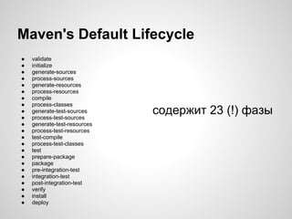 Maven's Default Lifecycle
●   validate
●   initialize
●   generate-sources
●   process-sources
●   generate-resources
●   process-resources
●   compile
●   process-classes
●
●
    generate-test-sources
    process-test-sources
                              содержит 23 (!) фазы
●   generate-test-resources
●   process-test-resources
●   test-compile
●   process-test-classes
●   test
●   prepare-package
●   package
●   pre-integration-test
●   integration-test
●   post-integration-test
●   verify
●   install
●   deploy
 