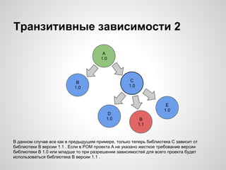 Транзитивные зависимости 2

                                        A
                                       1.0




                            B                        C
                           1.0                      1.0



                                                                    E
                                                                   1.0
                                          D
                                         1.0               B
                                                          1.1


В данном случае все как в предыдущем примере, только теперь библиотека C зависит от
библиотеки B версии 1.1 . Если в POM проекта A не указано жесткое требование версии
библиотеки B 1.0 или младше то при разрешении зависимостей для всего проекта будет
использоваться библиотека B версии 1.1 .
 
