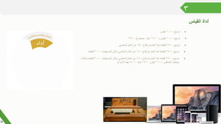 ٣
‫القياس‬ ‫أداة‬
‫بيع‬ ‫تم‬١٠٠٠‫ايفون‬
‫بيع‬ ‫تم‬١٠٠٠‫و‬ ‫ايفون‬١٥٠٠‫بمجموع‬ ‫ايباد‬٢٥٠٠
‫بيع‬ ‫تم‬٢٥٠٠‫بارتفاع‬ ‫العام‬ ‫هذا‬ ‫قطعه‬٤٠‫الماضي‬ ‫العام‬ ‫عن‬ ٪
‫بيع‬ ‫تم‬٢٥٠٠‫بارتفاع‬ ‫العام‬ ‫هذا‬ ‫قطعه‬٤٠‫المستهدف‬ ‫وكان‬ ‫الماضي‬ ‫العام‬ ‫عن‬ ٪٢٠٠٠‫قطعه‬
‫بيع‬ ‫تم‬٢٥٠٠‫بارتفاع‬ ‫العام‬ ‫هذا‬ ‫قطعه‬٤٠‫المستهدف‬ ‫وكان‬ ‫الماضي‬ ‫العام‬ ‫عن‬ ٪٢٠٠٠‫وكانت‬ ‫قطعه‬
‫المنافس‬ ‫مبيعات‬١١٠٠‫ايفون‬١٥٠٠‫ايباد‬٥٠٠٠‫االنواع‬ ‫بقية‬
16
 