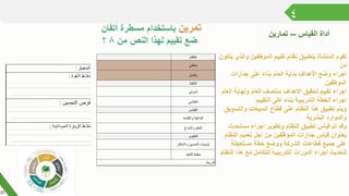 ٤
‫القياس‬ ‫أداة‬--‫تمارين‬
‫وال‬ ‫الموظفين‬ ‫تقييم‬ ‫نظام‬ ‫بتطبيق‬ ‫المنشأة‬ ‫تقوم‬‫يتكون‬ ‫ذي‬
‫من‬
‫جدارات‬ ‫على‬ ‫بناء‬ ‫العام‬ ‫بداية‬ ‫األهداف‬ ‫وضع‬ ‫اجراء‬
‫الموظفين‬
‫ا‬ ‫ونهاية‬ ‫العام‬ ‫منتصف‬ ‫األهداف‬ ‫تحقيق‬ ‫تقييم‬ ‫اجراء‬‫لعام‬
‫التقييم‬ ‫على‬ ‫بناء‬ ‫التدريبية‬ ‫الخطة‬ ‫اجراء‬
‫والتس‬ ‫المبيعات‬ ‫قطاع‬ ‫على‬ ‫النظام‬ ‫هذا‬ ‫تطبيق‬ ‫ويتم‬‫ويق‬
‫البشرية‬ ‫والموارد‬
‫مستحد‬ ‫اجراء‬ ‫وتطوير‬ ‫النظام‬ ‫تطبيق‬ ‫قياس‬ ‫تم‬ ‫وقد‬‫ث‬
‫النظ‬ ‫تعميم‬ ‫اجل‬ ‫من‬ ‫الموظفين‬ ‫جدارات‬ ‫قياس‬ ‫بعنوان‬‫ام‬
‫مستعجلة‬ ‫خطة‬ ‫ووضع‬ ‫الشركة‬ ‫قطاعات‬ ‫جميع‬ ‫على‬
‫ال‬ ‫هذا‬ ‫مع‬ ‫لتتكامل‬ ‫التدريبية‬ ‫الدورات‬ ‫اجراء‬ ‫لتحديث‬‫نظام‬
‫النظام‬
‫منطقي‬
‫متكامل‬
‫االنفاذ‬
‫شمولي‬
‫انتظامي‬
‫القياس‬
‫والكفاءة‬ ‫الفاعلية‬
‫واالبداع‬ ‫التعلم‬
‫التطوير‬
‫واالبتكار‬ ‫التحسين‬ ‫أولويات‬
‫التنفيذ‬ ‫خطط‬
‫الدرجة‬
: ‫الﻤعﻴار‬
: ‫قﻮة‬‫ال‬ ‫ط‬ ‫قا‬‫ن‬
..............................................................
...........................................................
: ‫التحسين‬ ‫فرص‬
..............................................................
...........................................................
: ‫ﺪانﻴة‬ ‫الﻤﻴ‬ ‫الﺰيارة‬ ‫ط‬ ‫قا‬‫ن‬
..............................................................
...........................................................
22
 