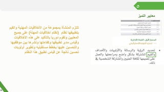 ٥
‫التميز‬ ‫معايير‬
34
‫وال‬ ‫المهنية‬ ‫األخالقيات‬ ‫من‬ ‫بمجموعة‬ ‫المنشأة‬ ‫تلتزم‬‫قيم‬
‫نظام‬ ‫بتطبيقها‬(‫المهنة‬ ‫اخالقيات‬ ‫نظام‬)‫جميع‬ ‫على‬
‫األخالق‬ ‫هذه‬ ‫على‬ ‫بالتأكيد‬ ‫دوريا‬ ‫وتقوم‬ ‫المعنيين‬‫يات‬
‫موظف‬ ‫بين‬ ‫ونشرها‬ ‫وكفاءتها‬ ‫تطبيقها‬ ‫مدى‬ ‫وقياس‬‫يها‬
‫أولو‬ ‫وتطوير‬ ‫مستقبليه‬ ‫بخطط‬ ‫عليها‬ ‫والتحسين‬‫يات‬
‫النظام‬ ‫هذا‬ ‫تطبيق‬ ‫قياس‬ ‫عن‬ ‫ناتجة‬ ‫تحسين‬
 