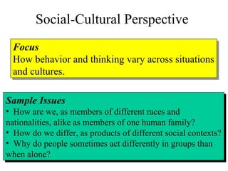 Social-Cultural Perspective
Focus
How behavior and thinking vary across situations
and cultures.
Focus
How behavior and thinking vary across situations
and cultures.
Sample Issues
• How are we, as members of different races and
nationalities, alike as members of one human family?
• How do we differ, as products of different social contexts?
• Why do people sometimes act differently in groups than
when alone?
 