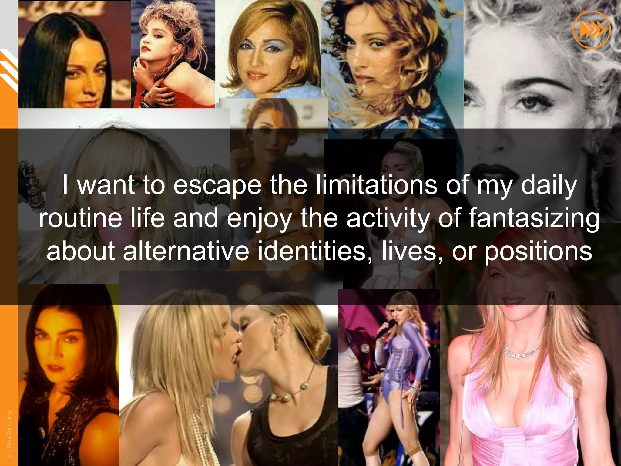 I want to escape the limitations of my daily
                       routine life and enjoy the activity of fantasizing
                        about alternative identities, lives, or positions
© InSites Consulting




                                                                        11
 