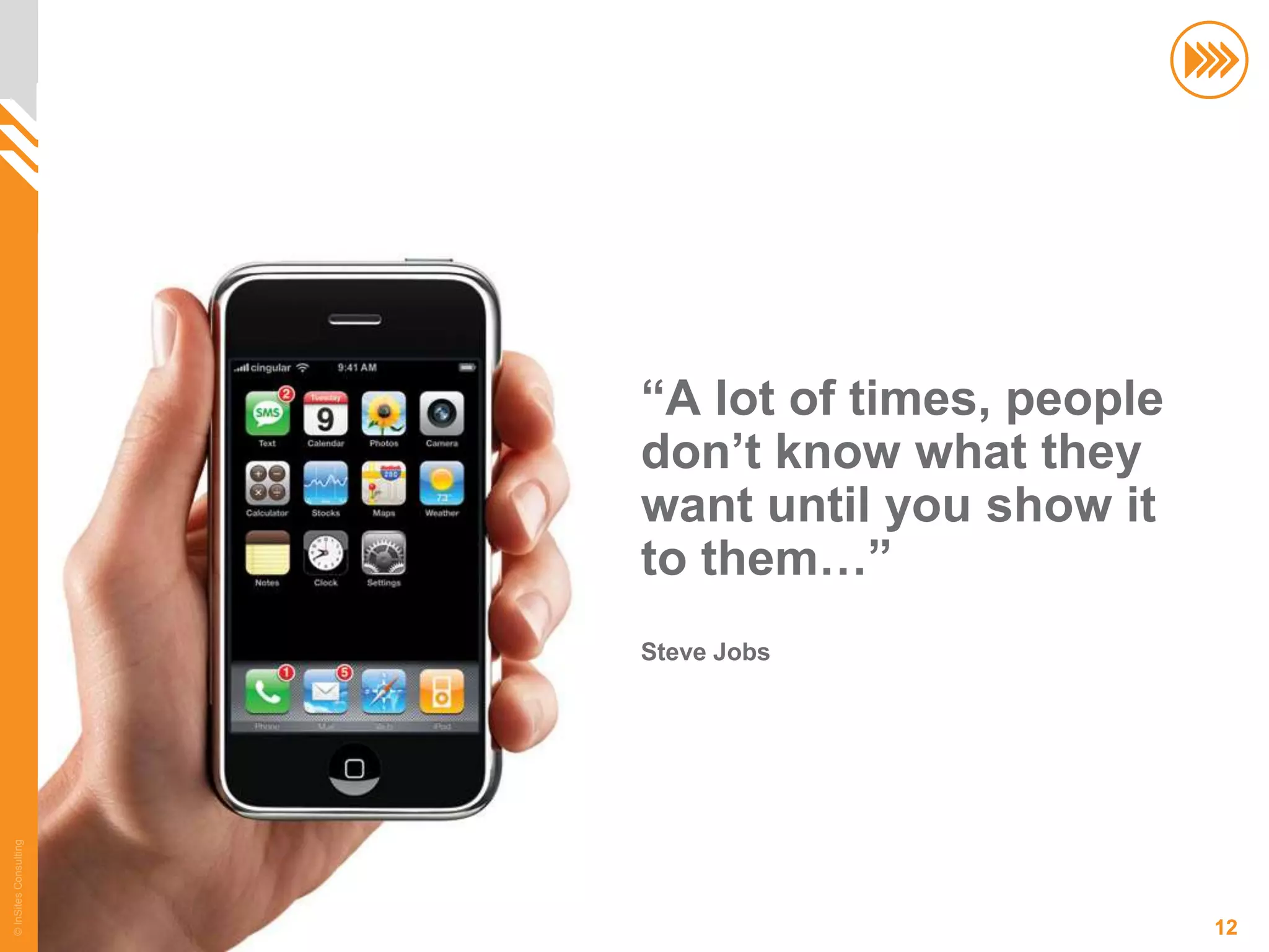“A lot of times, people
                       don’t know what they
                       want until you show it
                       to them…”
                       Steve Jobs
© InSites Consulting




                                                 12
 