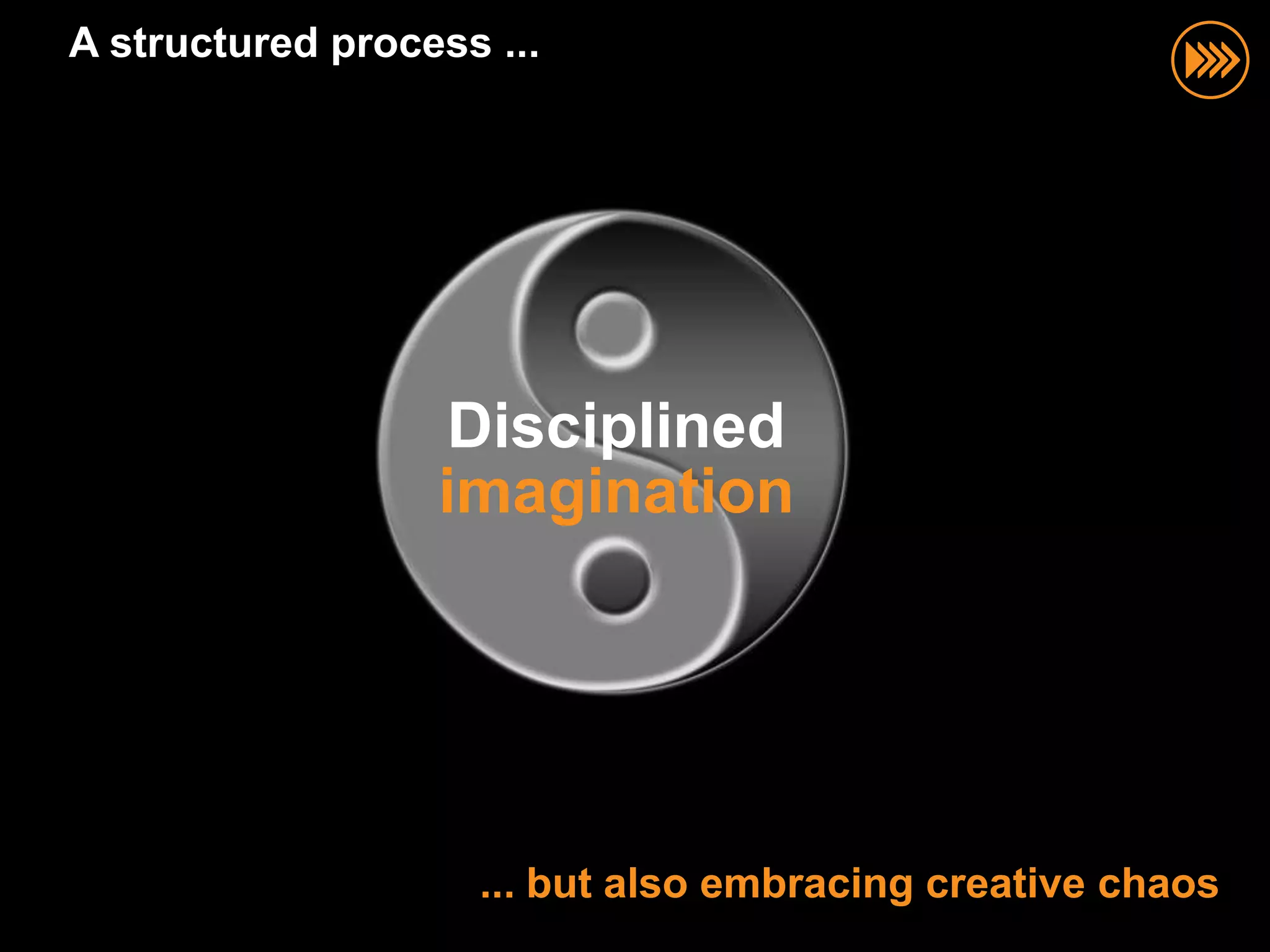 A structured process ...




                  Disciplined
                  imagination




                    ... but also embracing creative chaos
 