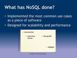 What has NoSQL done?
• Implemented the most common use cases
as a piece of software
• Designed for scalability and performance
 