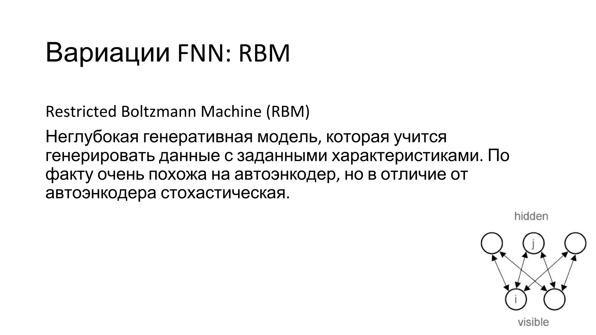 Вариации FNN: RBM
Restricted Boltzmann Machine (RBM)
Неглубокая генеративная модель, которая учится
генерировать данные с заданными характеристиками. По
факту очень похожа на автоэнкодер, но в отличие от
автоэнкодера стохастическая.
 