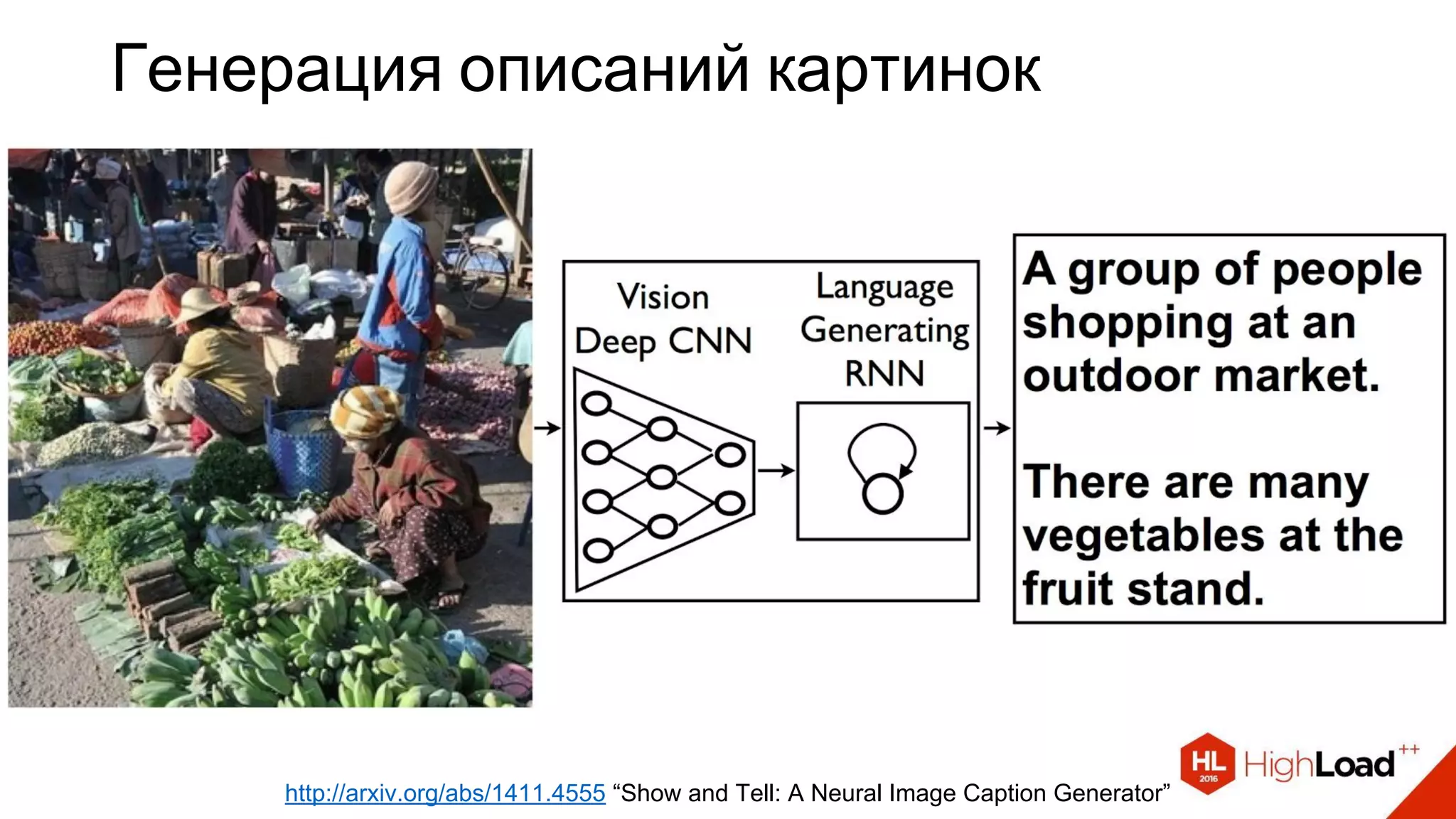 Генерация описаний картинок
http://arxiv.org/abs/1411.4555 “Show and Tell: A Neural Image Caption Generator”
 