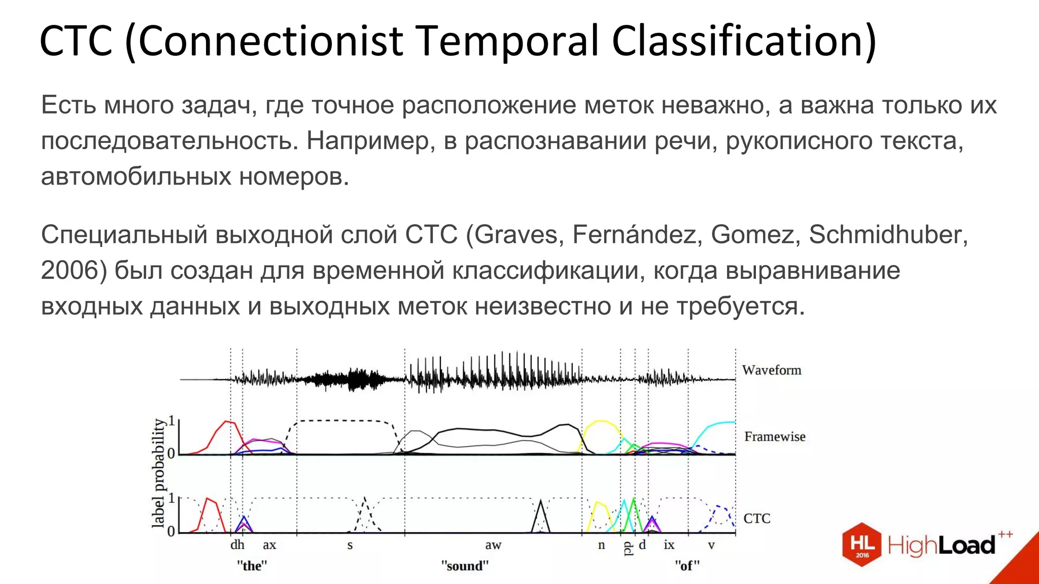 CTC (Connectionist Temporal Classification)
Есть много задач, где точное расположение меток неважно, а важна только их
последовательность. Например, в распознавании речи, рукописного текста,
автомобильных номеров.
Специальный выходной слой CTC (Graves, Fernández, Gomez, Schmidhuber,
2006) был создан для временной классификации, когда выравнивание
входных данных и выходных меток неизвестно и не требуется.
 