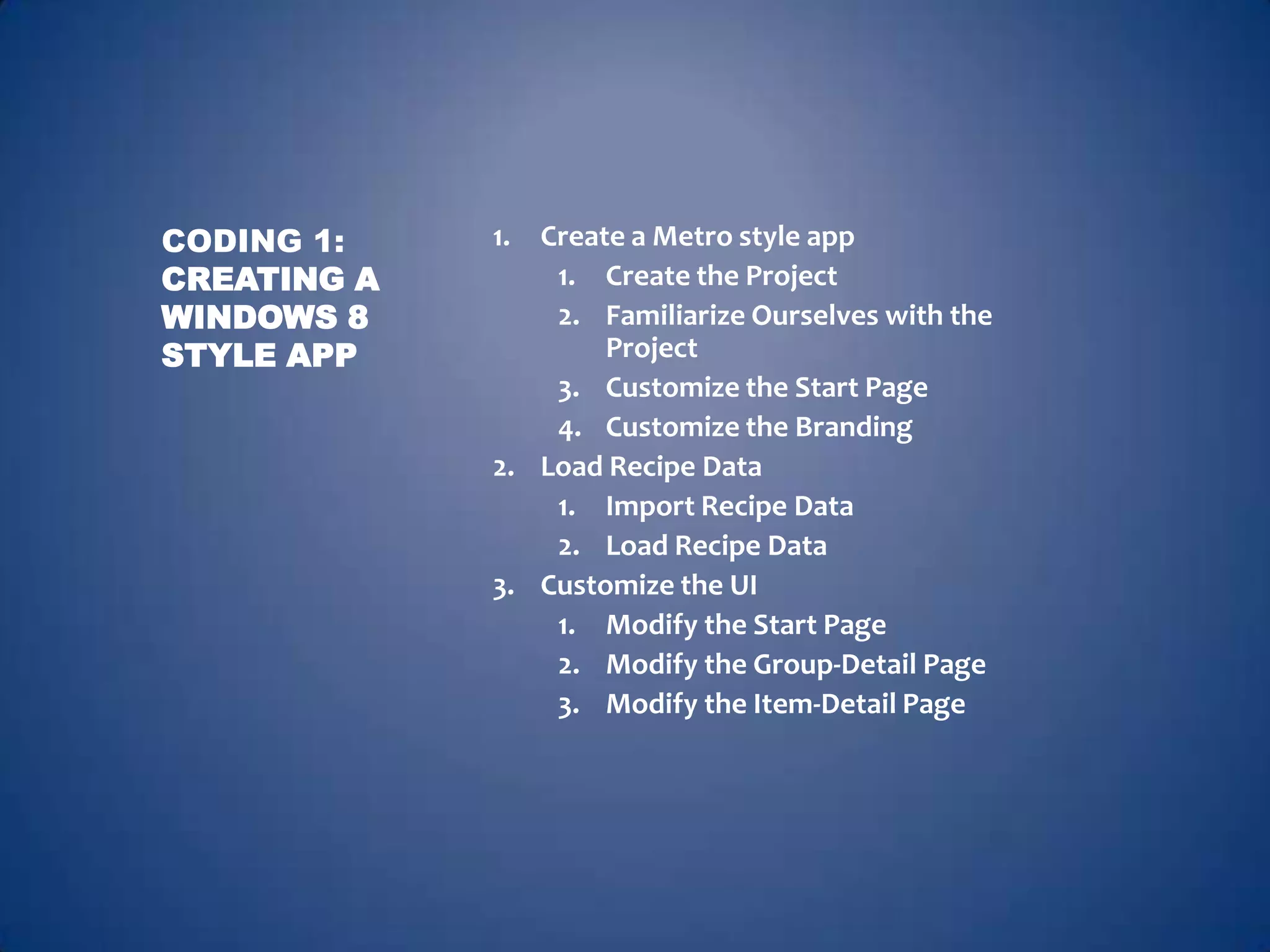 CODING 1:    1. Create a Metro style app
CREATING A       1. Create the Project
WINDOWS 8        2. Familiarize Ourselves with the
STYLE APP            Project
                 3. Customize the Start Page
                 4. Customize the Branding
             2. Load Recipe Data
                 1. Import Recipe Data
                 2. Load Recipe Data
             3. Customize the UI
                 1. Modify the Start Page
                 2. Modify the Group-Detail Page
                 3. Modify the Item-Detail Page
 