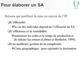 Pour élaborer un SA
Raisons qui justifient la mise en oeuvre de l’IP
L’efficacité.
la vie des individus dépend de l’efficacité du SA
L’efficience et la rentabilité.
minimiser les coûts et le temps de production et
de réduire les erreurs (Lebrun et Berthelot, 1994).
Une meilleure gestion de la complexité.
Carte géographique : pour rejoindre la destination
 