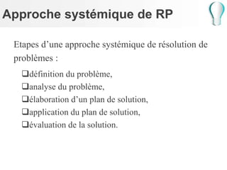 Approche systémique de RP
Etapes d’une approche systémique de résolution de
problèmes :
définition du problème,
analyse du problème,
élaboration d’un plan de solution,
application du plan de solution,
évaluation de la solution.
 