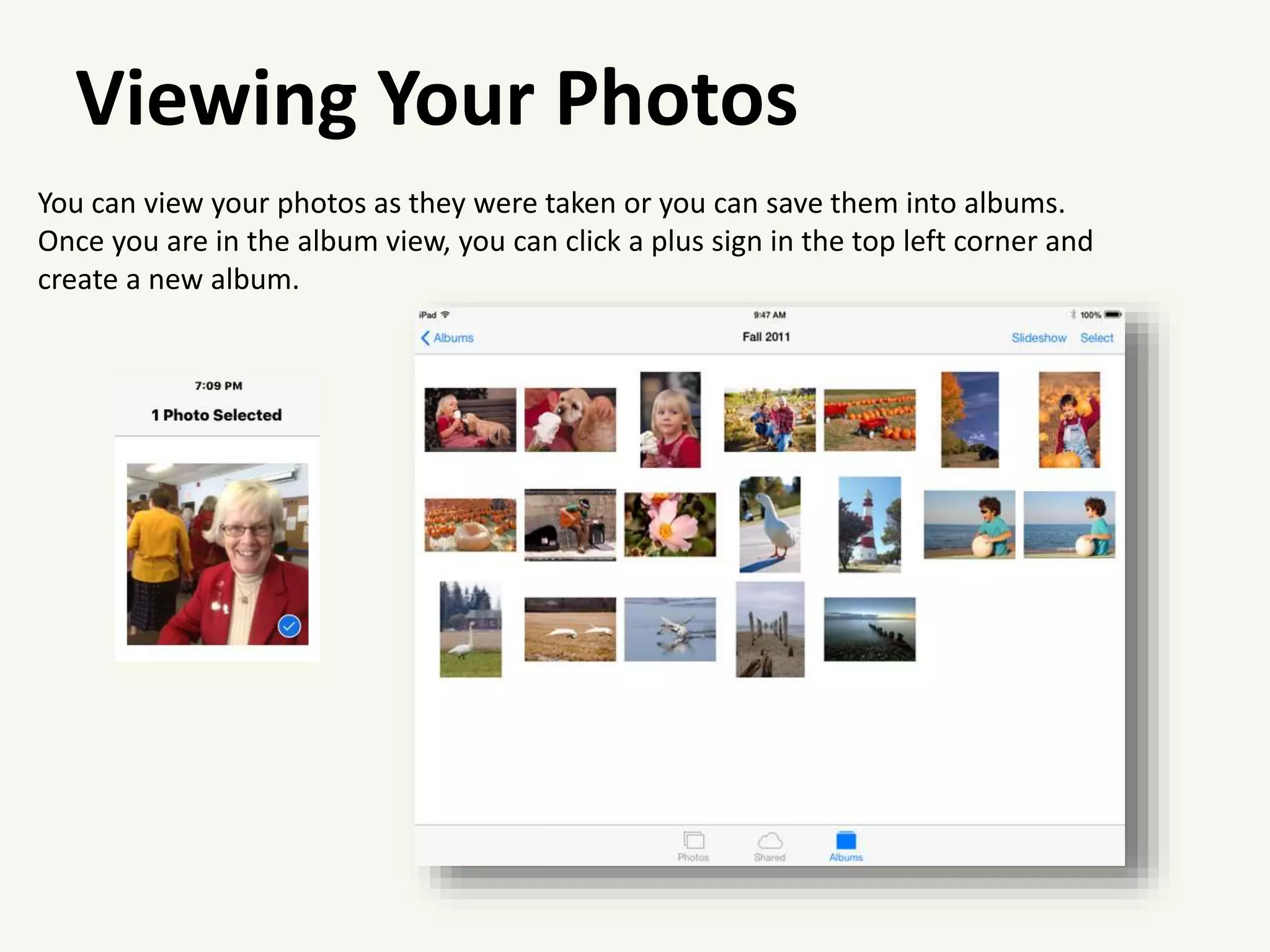 Viewing Your Photos
You can view your photos as they were taken or you can save them into albums.
Once you are in the album view, you can click a plus sign in the top left corner and
create a new album.
 
