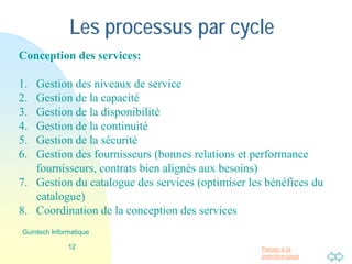 Passer à la
première page
Les processus par cycle
Conception des services:
1. Gestion des niveaux de service
2. Gestion de la capacité
3. Gestion de la disponibilité
4. Gestion de la continuité
5. Gestion de la sécurité
6. Gestion des fournisseurs (bonnes relations et performance
fournisseurs, contrats bien alignés aux besoins)
7. Gestion du catalogue des services (optimiser les bénéfices du
catalogue)
8. Coordination de la conception des services
12
Guintech Informatique
 