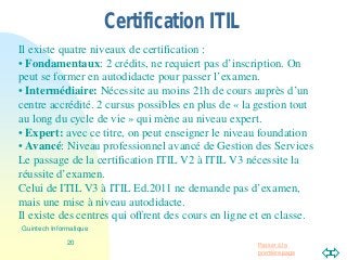 Passer à la
première page
Certification ITIL
Il existe quatre niveaux de certification :
• Fondamentaux: 2 crédits, ne requiert pas d’inscription. On
peut se former en autodidacte pour passer l’examen.
• Intermédiaire: Nécessite au moins 21h de cours auprès d’un
centre accrédité. 2 cursus possibles en plus de « la gestion tout
au long du cycle de vie » qui mène au niveau expert.
• Expert: avec ce titre, on peut enseigner le niveau foundation
• Avancé: Niveau professionnel avancé de Gestion des Services
Le passage de la certification ITIL V2 à ITIL V3 nécessite la
réussite d’examen.
Celui de ITIL V3 à ITIL Ed.2011 ne demande pas d’examen,
mais une mise à niveau autodidacte.
Il existe des centres qui offrent des cours en ligne et en classe.
20
Guintech Informatique
 