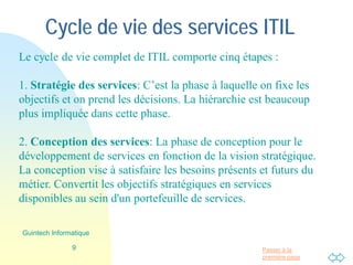 Passer à la
première page
Cycle de vie des services ITIL
Le cycle de vie complet de ITIL comporte cinq étapes :
1. Stratégie des services: C’est la phase à laquelle on fixe les
objectifs et on prend les décisions. La hiérarchie est beaucoup
plus impliquée dans cette phase.
2. Conception des services: La phase de conception pour le
développement de services en fonction de la vision stratégique.
La conception vise à satisfaire les besoins présents et futurs du
métier. Convertit les objectifs stratégiques en services
disponibles au sein d'un portefeuille de services.
9
Guintech Informatique
 