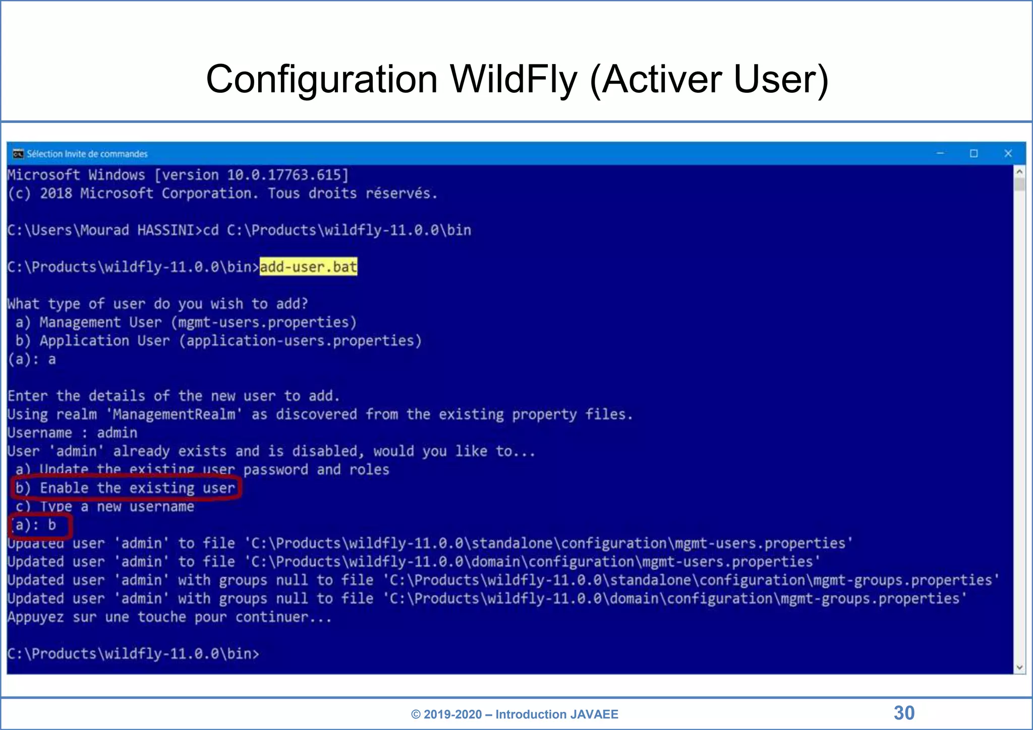 © 2019-2020 – Introduction JAVAEE Configuration WildFly (Activer User) 30 