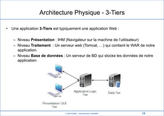 © 2019-2020 – Introduction JAVAEE
Architecture Physique - 3-Tiers
• Une application 3-Tiers est typiquement une application Web :
– Niveau Présentation : IHM (Navigateur sur la machine de l’utilisateur)
– Niveau Traitement : Un serveur web (Tomcat, …) qui contient le WAR de notre
application.
– Niveau Base de données : Un serveur de BD qui stocke les données de notre
application.
16
 