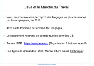 © 2019-2020 – Introduction JAVAEE
Java et le Marché du Travail
• Voici, au prochain slide, le Top 10 des langages les plus demandés
par les employeurs, en 2018.
• Java est le troisième sur environ 150 langages.
• Le classement ne prend en compte que les données US.
• Source IEEE : https://www.ieee.org (Organisation à but non lucratif).
• Les Types de demandes : Web, Mobile, Client Lourd, Embarqué :
3
 
