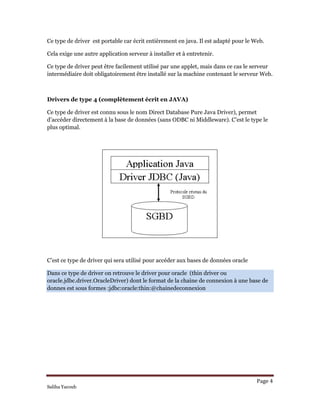 Ce type de driver est portable car écrit entièrement en java. Il est adapté pour le Web.
Cela exige une autre application serveur à installer et à entretenir.
Ce type de driver peut être facilement utilisé par une applet, mais dans ce cas le serveur
intermédiaire doit obligatoirement être installé sur la machine contenant le serveur Web.
Drivers de type 4 (complètement écrit en JAVA)
Ce type de driver est connu sous le nom Direct Database Pure Java Driver), permet
d’accéder directement à la base de données (sans ODBC ni Middleware). C’est le type le
plus optimal.
C’est ce type de driver qui sera utilisé pour accéder aux bases de données oracle
Dans ce type de driver on retrouve le driver pour oracle (thin driver ou
oracle.jdbc.driver.OracleDriver) dont le format de la chaine de connexion à une base de
donnes est sous formes :jdbc:oracle:thin:@chainedeconnexion
 
 
 
 
 
Page 4 
Saliha Yacoub
 