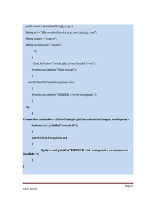 Page 8 
Saliha Yacoub
public static void main(String[] args) {
String url = "jdbc:oracle:thin:@172.17.200.251:1521:orcl";
String usager ="usager1";
String motdepasse="oracle1";
try
{
Class.forName ("oracle.jdbc.driver.OracleDriver");
System.out.println("Pilote chargé");
}
catch(ClassNotFoundException cnfe)
{
System.out.println("ERREUR : Driver manquant.");
}
try
{
Connection connexion = DriverManager.getConnection(url,usager, motdepasse);
System.out.println("connécté");
}
catch (SQLException se)
{
System.out.println("ERREUR : bd manquante ou connexion
invalide.");
}
}
 