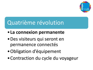 Quatrième révolution
•La connexion permanente
•Des visiteurs qui seront en
permanence connectés
•Obligation d’équipement
•Contraction du cycle du voyageur
 