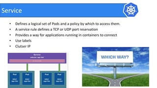 • Defines a logical set of Pods and a policy by which to access them.
• A service rule defines a TCP or UDP port reservation
• Provides a way for applications running in containers to connect
• Use labels
• Clutser IP
31
Service
 