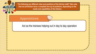 Here are some examples of skills that you will acquire from
enrolling in this course:
The following are different roles and positions of the kitchen staff. Take note
that not all kitchen have a complete line-up of positions, depending on the
needs and capabilities of the kitchen.
Act as the trainees helping out in day to day operation
Apprentices
 